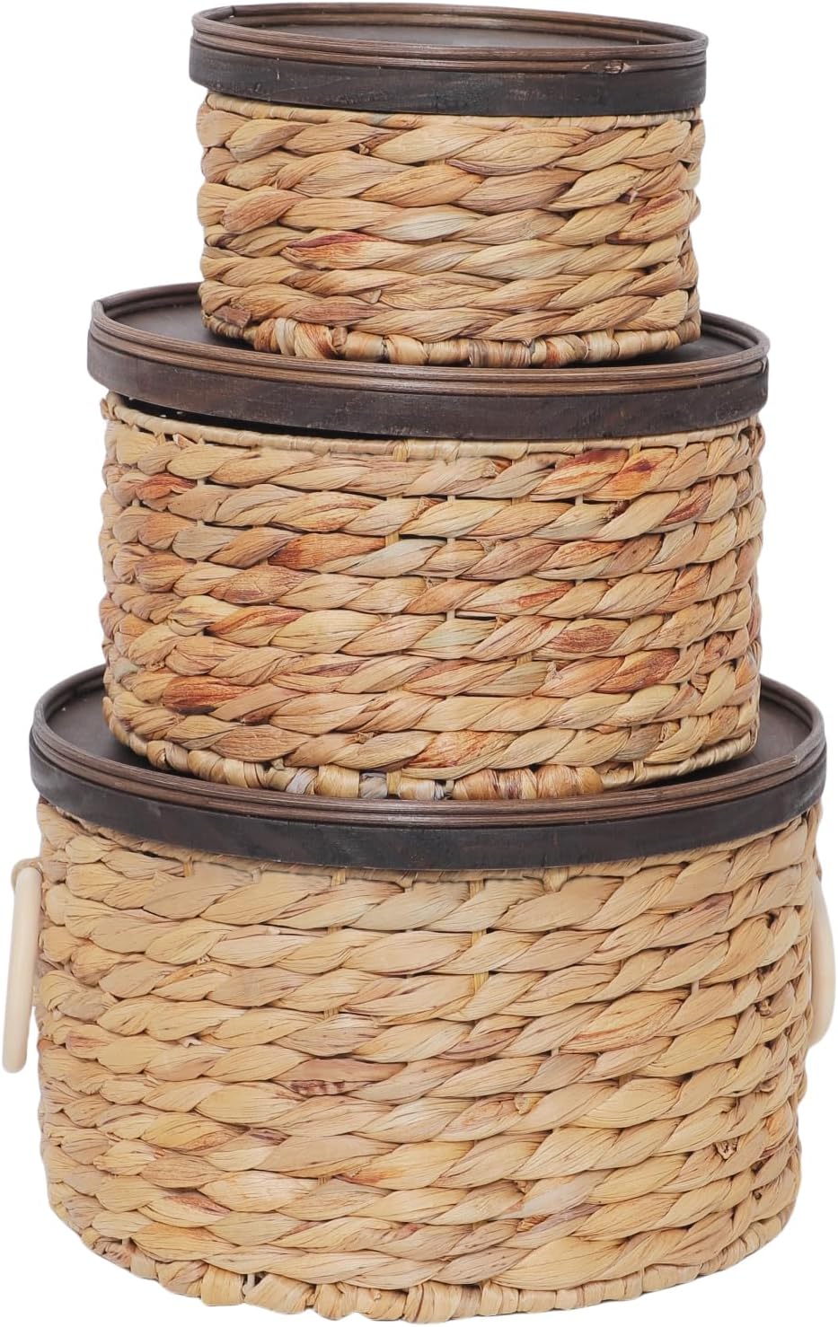 Water Hyacinth Storage Basket with Wood Lid - Handwoven Round Shelf Basket for Organizing, Rustic Woven Basket with Handle (Set of 3)