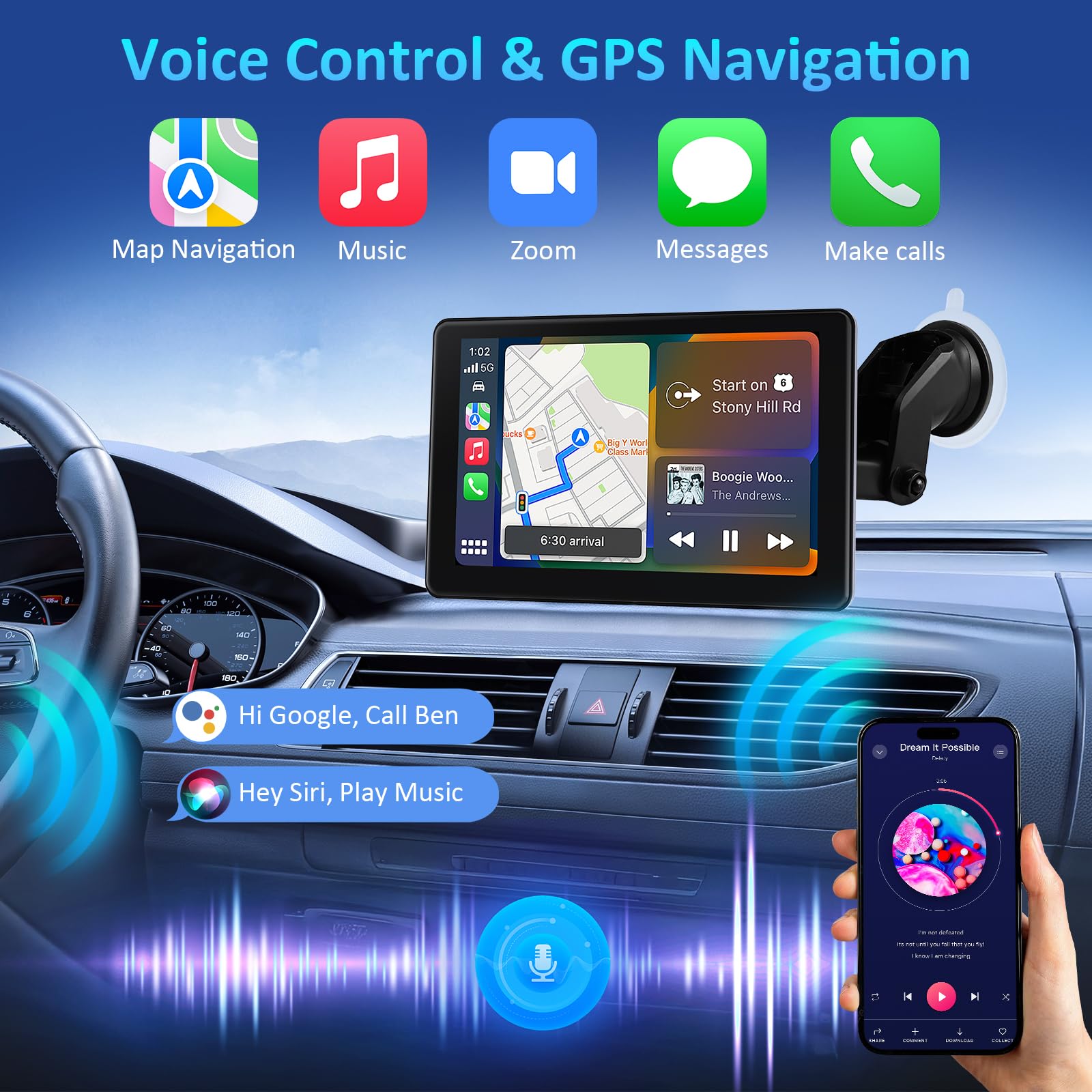 7-calowy ekran Apple Car Play, Bezprzewodowy ekran Samochodowy CarPlay Android Auto do Samochodów, Przenośny ekran dotykowy HD z Bluetooth 5.3/FM/AUX, Obsługa Mirror Link, AirPlay, Nawigacja GPS