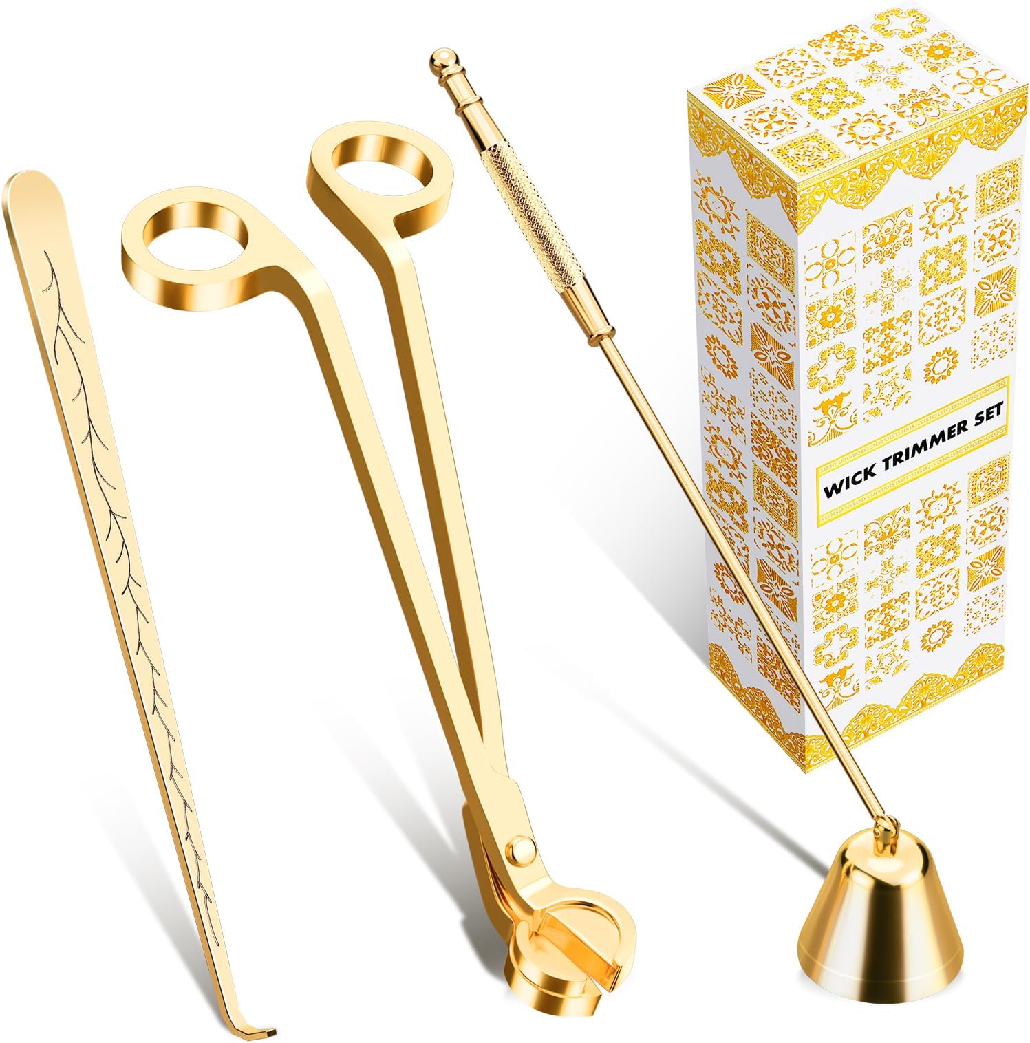 calary Candle Wick Trimmer, Candle Snuffer and Wick Dipper & Candle Accessory Set, 3 in 1 Candle Care Kit for Candle Lover (Gold)