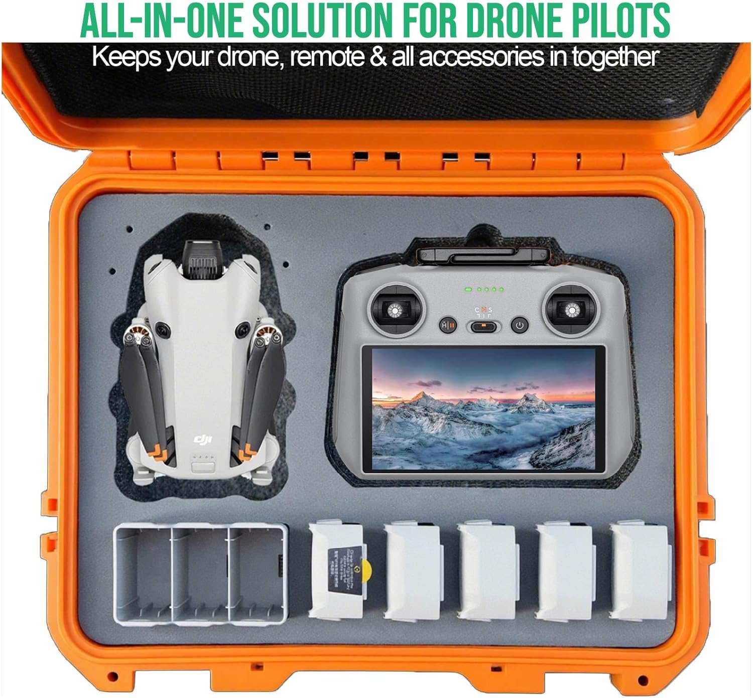 DJI Mini 3 Case - IP67 Waterproof Hard Shell Fits Mini 3/4 Pro Fly More Combo & All Accessories, 8-Battery Storage Adjustable Strap & Air Valve for Travel/Outdoor (Orange) - Image 2