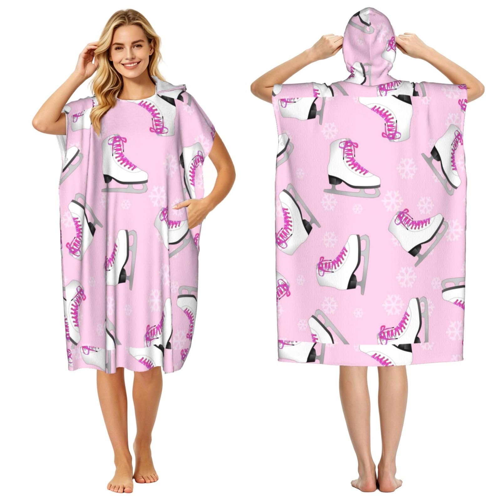 Poadnly Ice Skating And Snowflake, Adult Hooded Beach Towel 90 x 110 cm,Changing Bath Robe, Surf Poncho Towel For Women Men