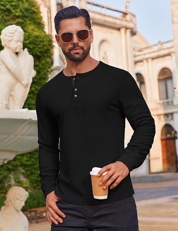 COOFANDY Men's Long Sleeve Tee Shirts Casual Waffle Henley Shirts Lightweight Button T-Shirts, Black by COOFANDY - Used condition - Image 4