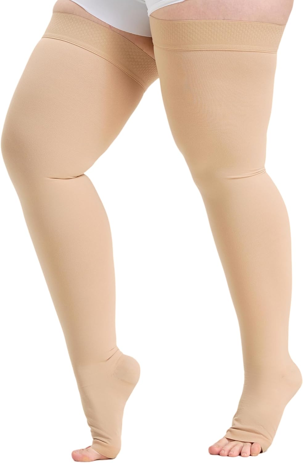 Extra Wide 5XL Thigh High Open Toe Compression Stockings for Women & Men - 20-30mmHg Thigh High Compression Socks for Pregnancy Edema, Nurses & Extended Standing, Silicone Top Band, Flight, Travel