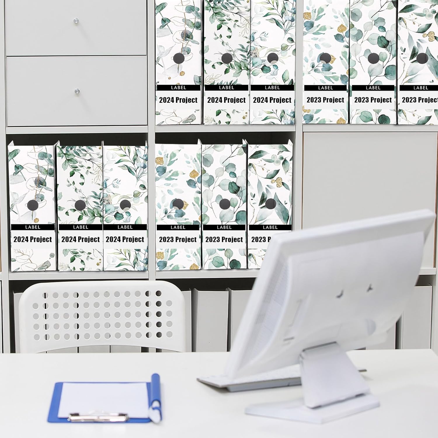 PerKoop 12 Pcs Decorative Magazine File Holders Floral Foldable File Folders Magazine Storage Boxes Rack Desk Organizer Documents with Printable Labels for School Office Home (Eucalyptus Leaves)