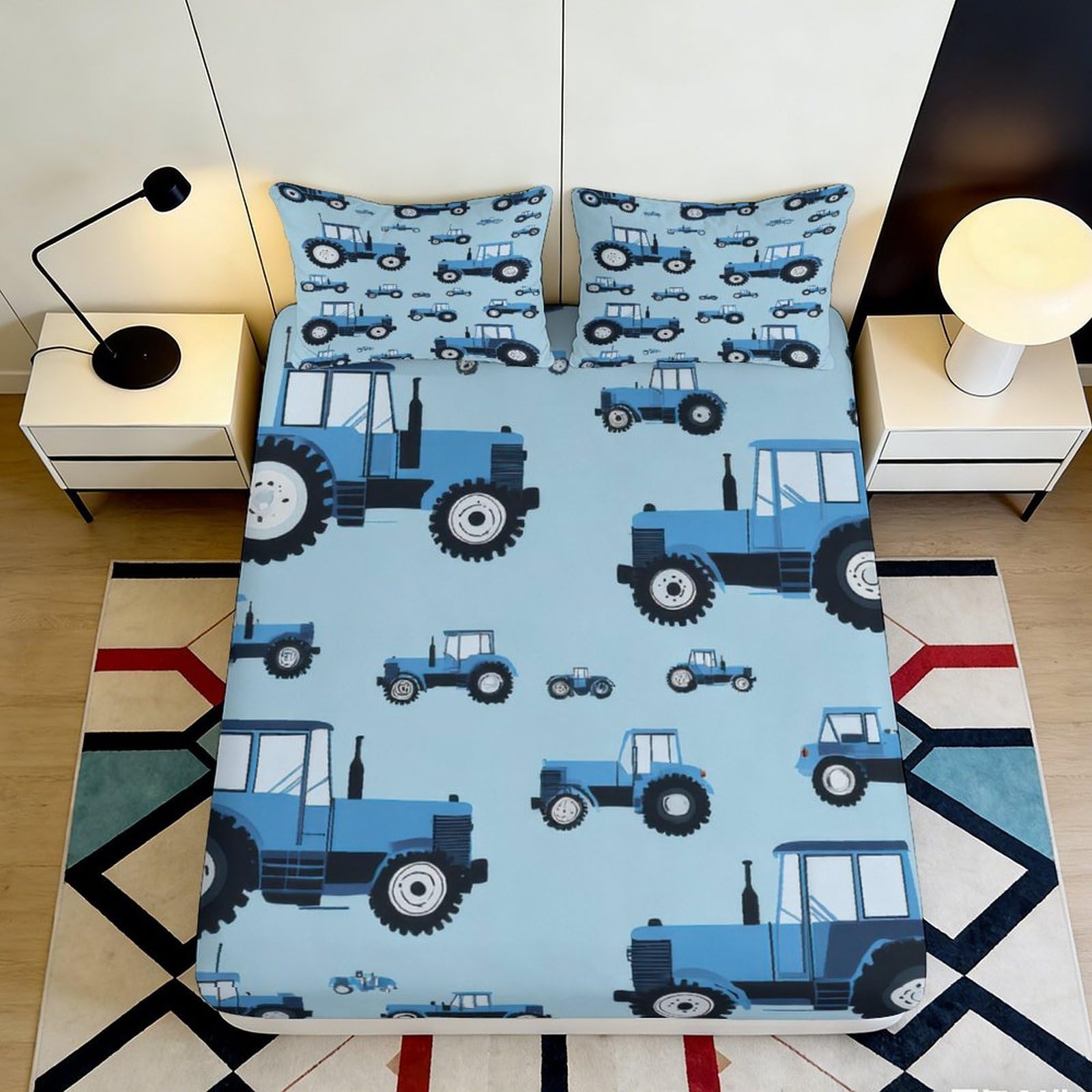 3D Printed Blue Tractor Pattern Fitted Sheet Microfiber Soft Anti-Slip Farm Vehicle Bed Cover for Bedroom Guest Room Dorm 180x200x25cm