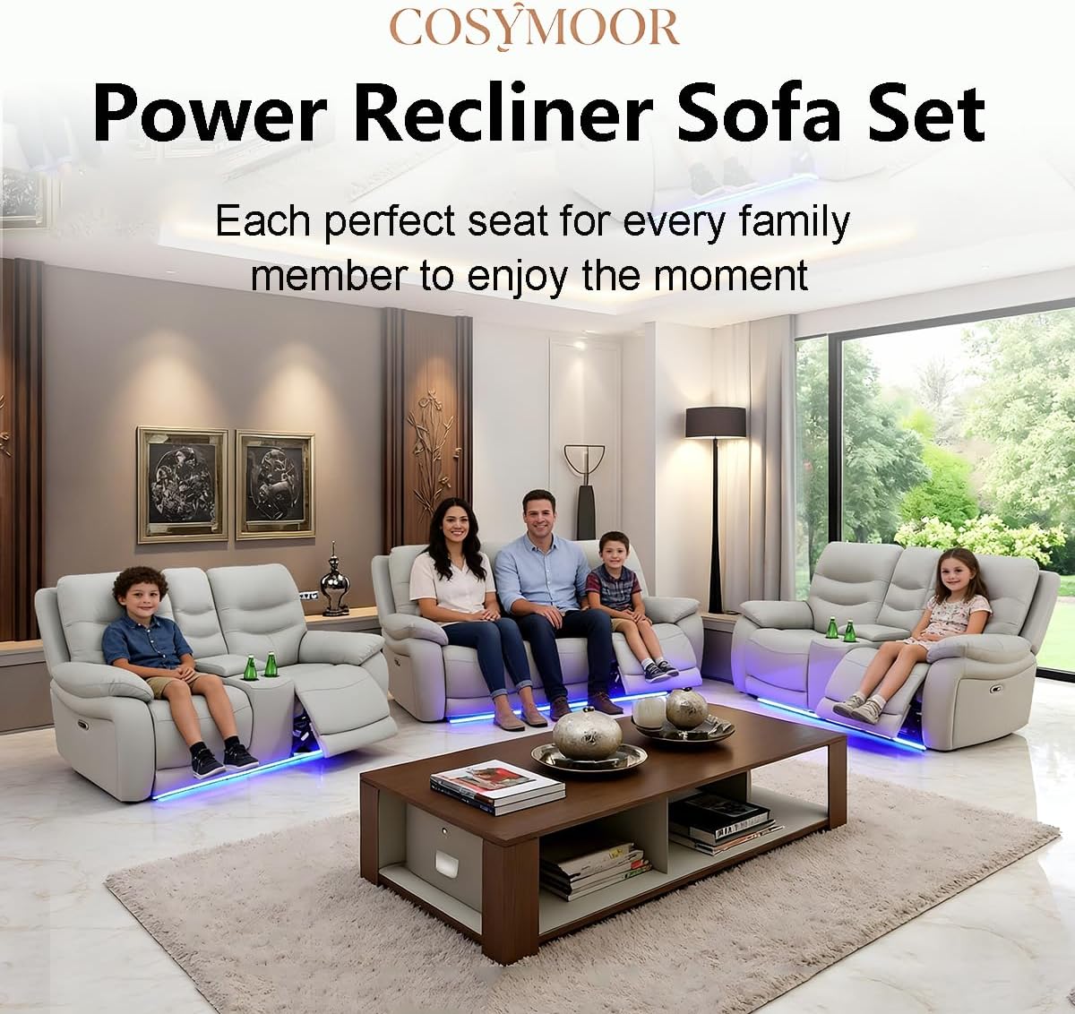 Power Recliner Sofa and Loveseat Set, Grey Leather Reclining Sofa Sectional Couches with 6 Seat Recliner, Living Room Furniture, Reclining Sofa with Cup Holders/Storage Console for Office