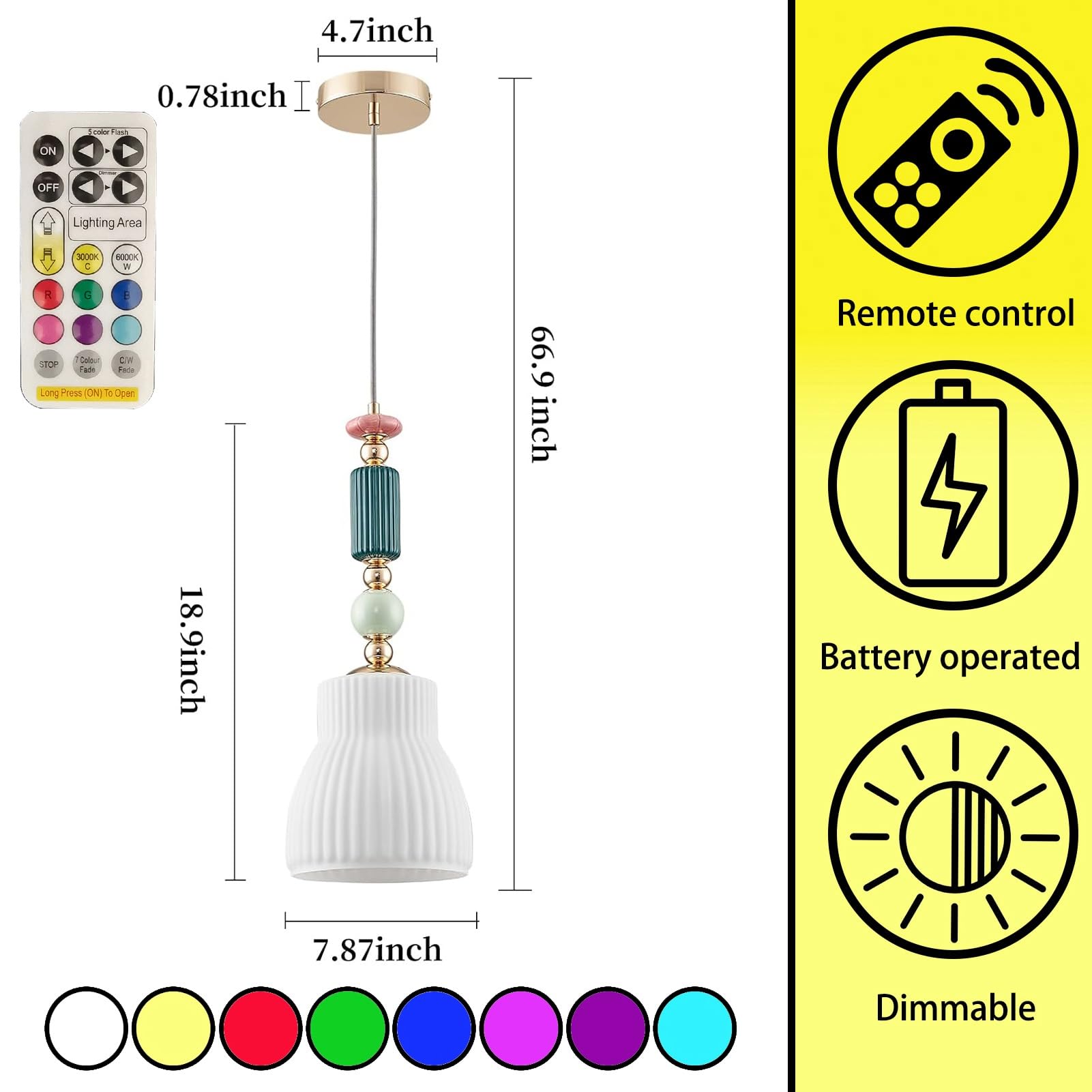 Hängelampe mit Batterie， Moderne Hängeleuchte ohne Stromanschluss Batteriebetrieben mit Fernbedienung, 9 Farben Dimmbar Perfekte Beleuchtung für jeden Raum, Stylische Lampe für jedes Ambiente.(B)