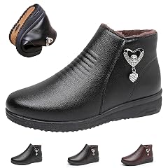 Womens Leather Fur Lined Warm Winter Snow Boots New Fleece Thickened Warm Snow Boots Wide Fit Waterproof Leather