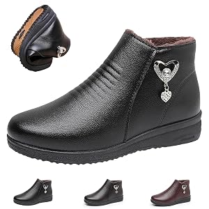 Womens Leather Fur Lined Warm Winter Snow Boots New Fleece Thickened Warm Snow Boots Wide Fit Waterproof Leather