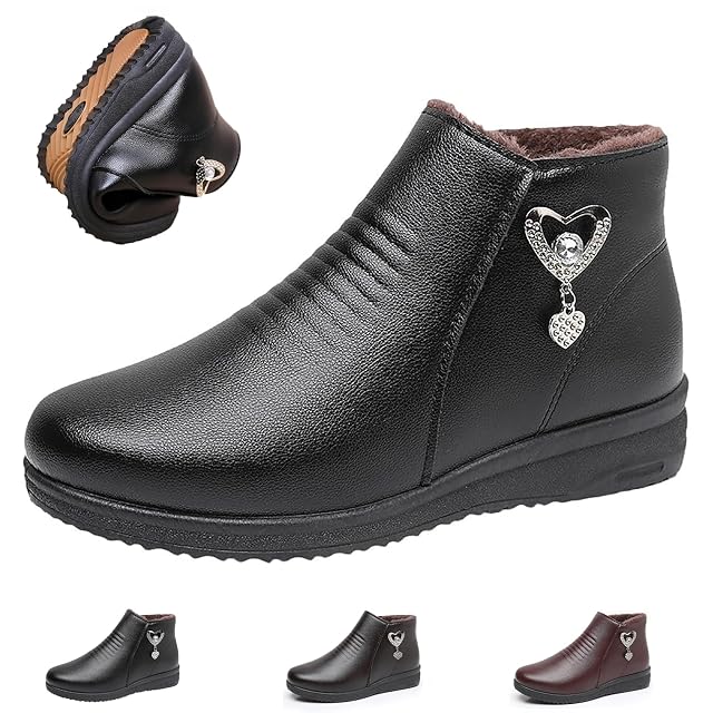 Womens Leather Fur Lined Warm Winter Snow Boots New Fleece Thickened Warm Snow Boots Wide Fit Waterproof Leather