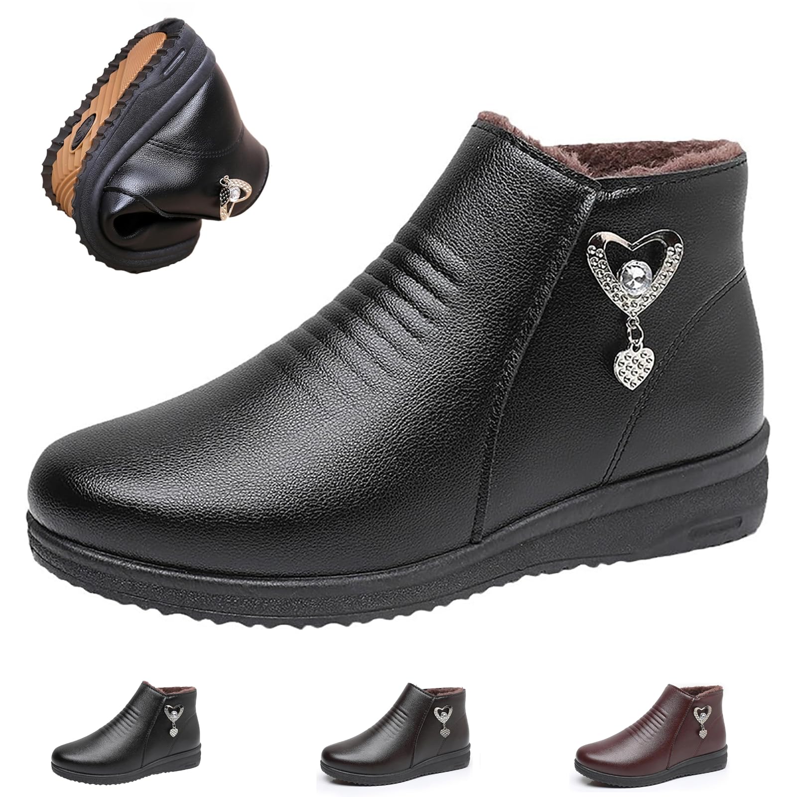 Womens Leather Fur Lined Warm Winter Snow Boots New Fleece Thickened Warm Snow Boots Wide Fit Waterproof Leather