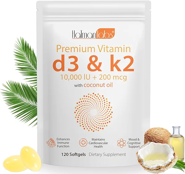 MXCZBSM Vitamin D3 K2 Supplement Softgel, Vitamin D3 K2 Softgel with 10000 IU Supports Immune, Heart, Teeth & Bone Health, Free of GMO, Gluten, Soy