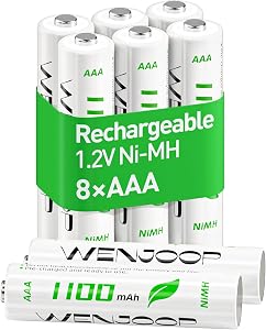 AAA Rechargeable Batteries 8 Pack, 1100mAh Ni-MH, Low Self-Discharge, 1.2V, High Capacity for Remotes, Clocks, Flashlights and Toys