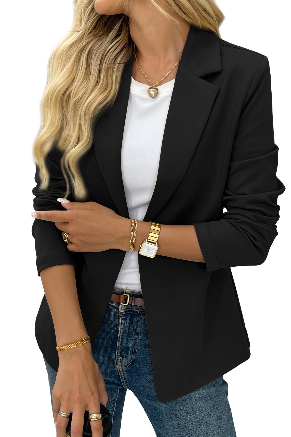 ELLEVEN Womens Business Casual Open Front Blazers Stretchy Knit Long Sleeve Blazer Work Office Suit Jackets