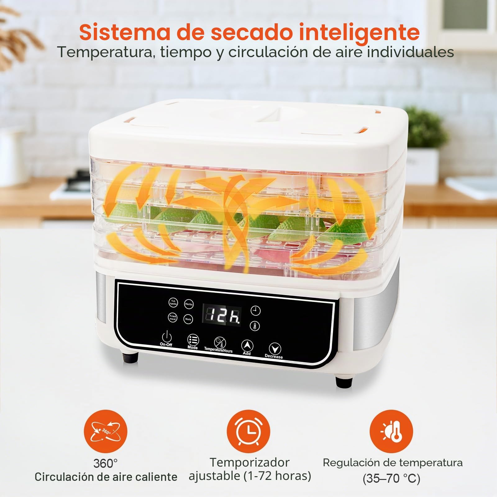 Deshidratador de 5 capas Smart Touch, secador visual de alimentos con temporizador de 72 horas, temperatura ajustable de 35 a 70 °C e indicador LED para secar frutas, verduras, carnes