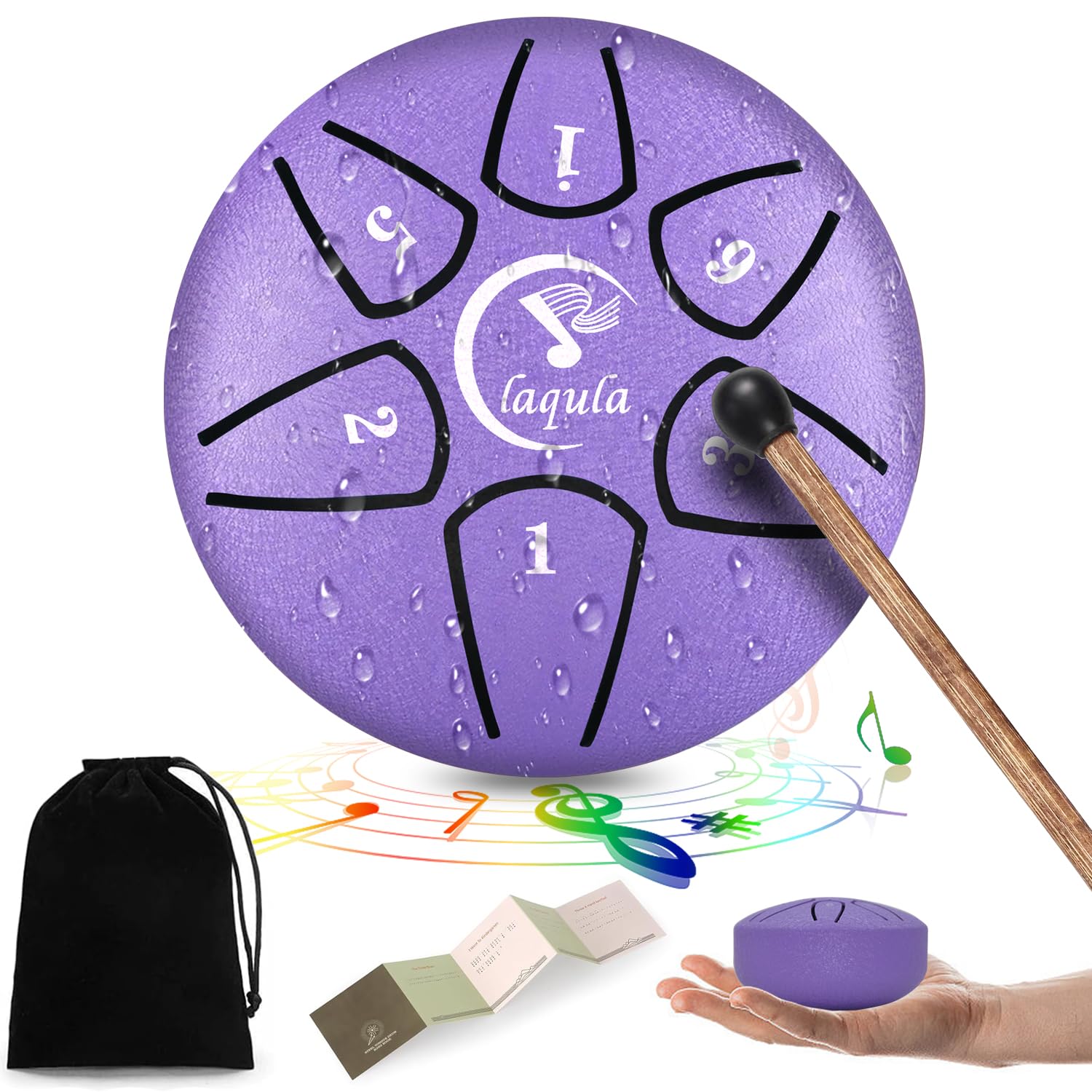 Tambour en Acier Langue 6 Pouces 8 Notes Tambour à Main Tambour à Disque Percussions Avec Livre De Musique Baguette Méditation Yoga Divertissement Musique Education Bagage à Main (Violet)