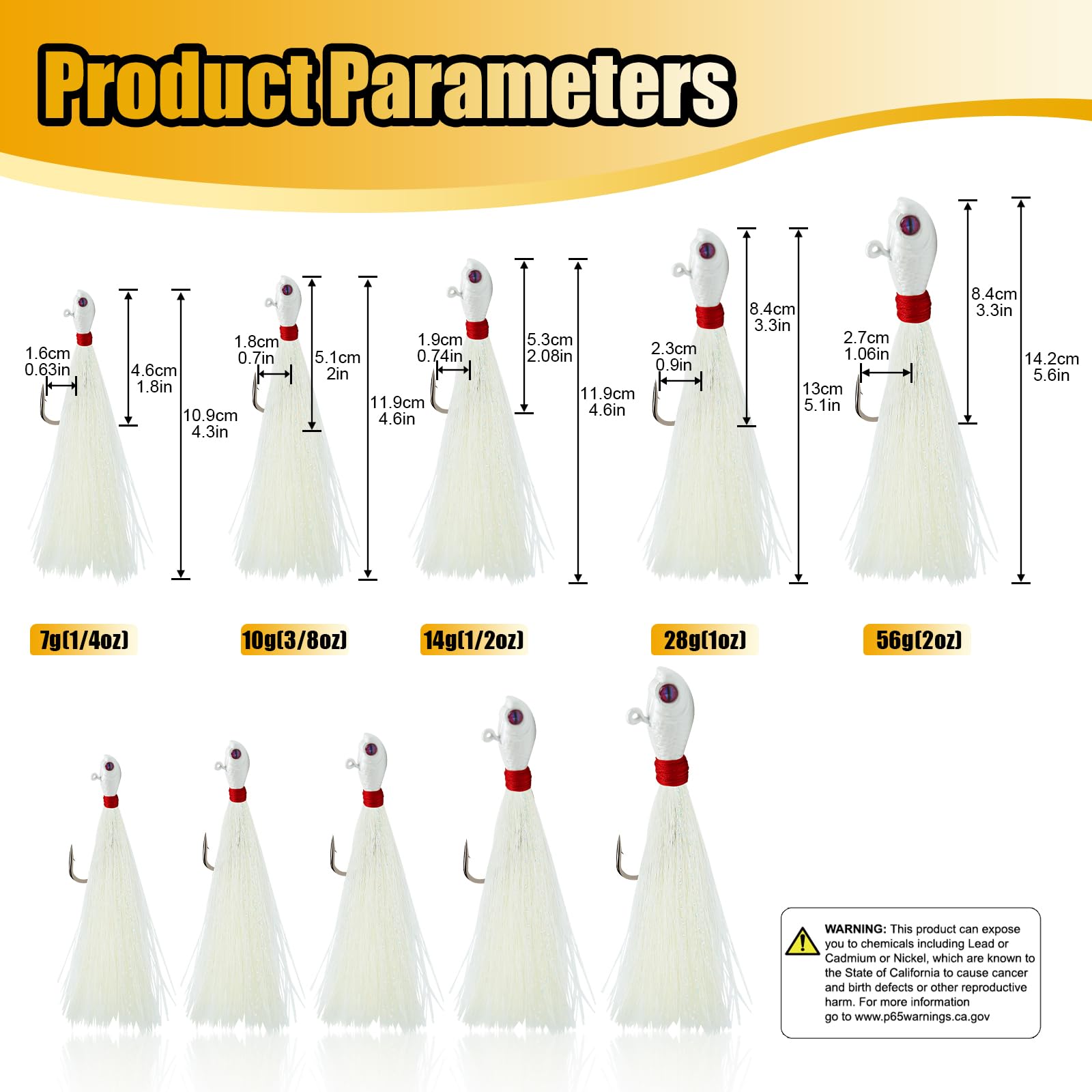 Bucktail Jigs, realistischer Haar-Jig-Angelköder mit Einzelhaken, Bucktail Swimbait Jig für Barsch, Striper, Zander, Flunder, 7,1 g, 14,2 g, 28,3 g, 56,7 g