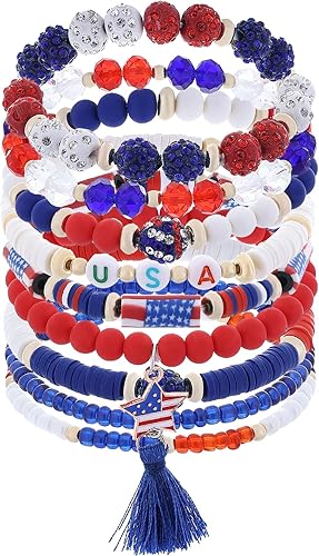 Cooluckday Pulseras del 4 de julio, pulsera de bandera estadounidense, pulseras coloridas para surfistas para mujeres y niñas, pulsera de arcilla