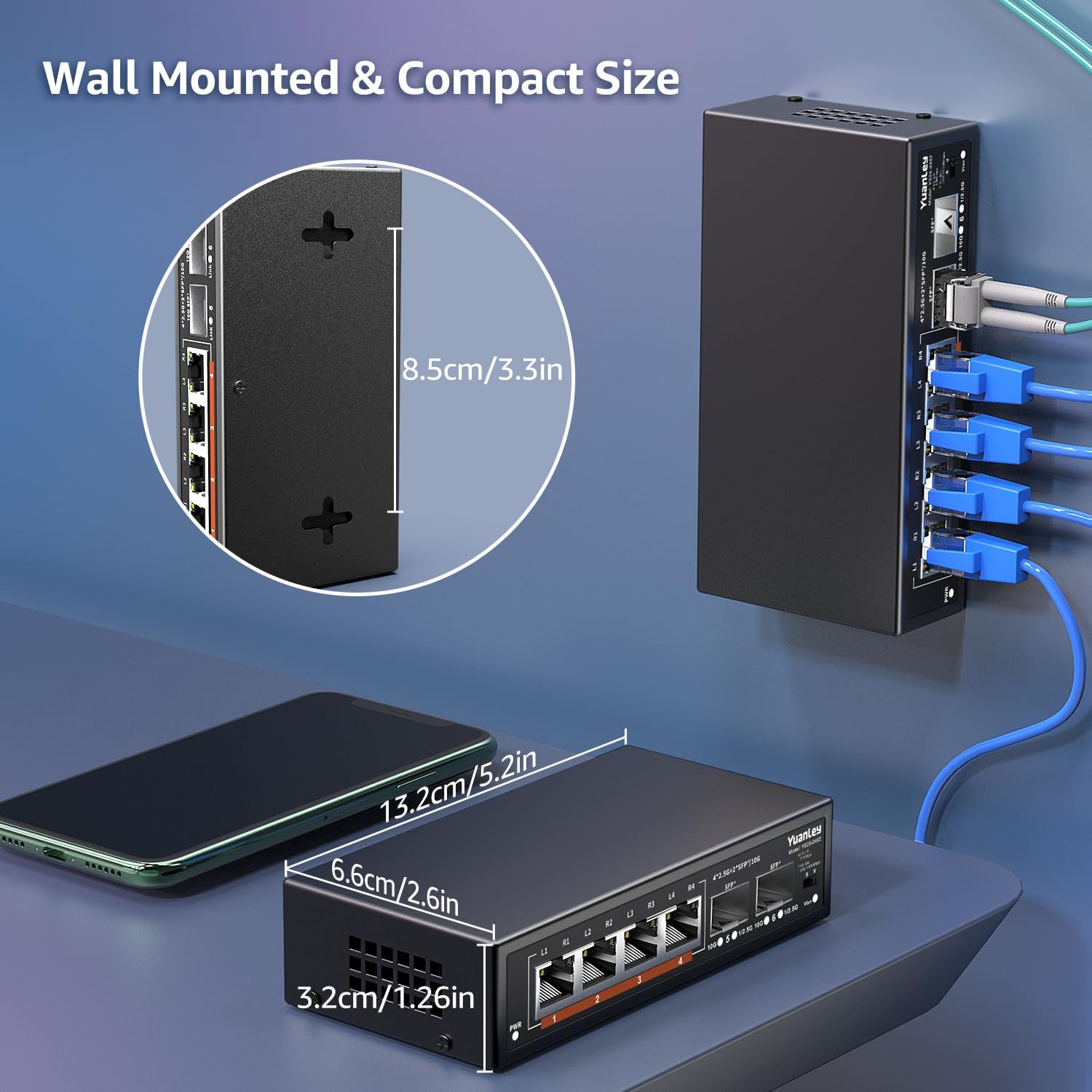 Image showing the compact size and wall-mounting capability of the YuanLey 2.5G switch