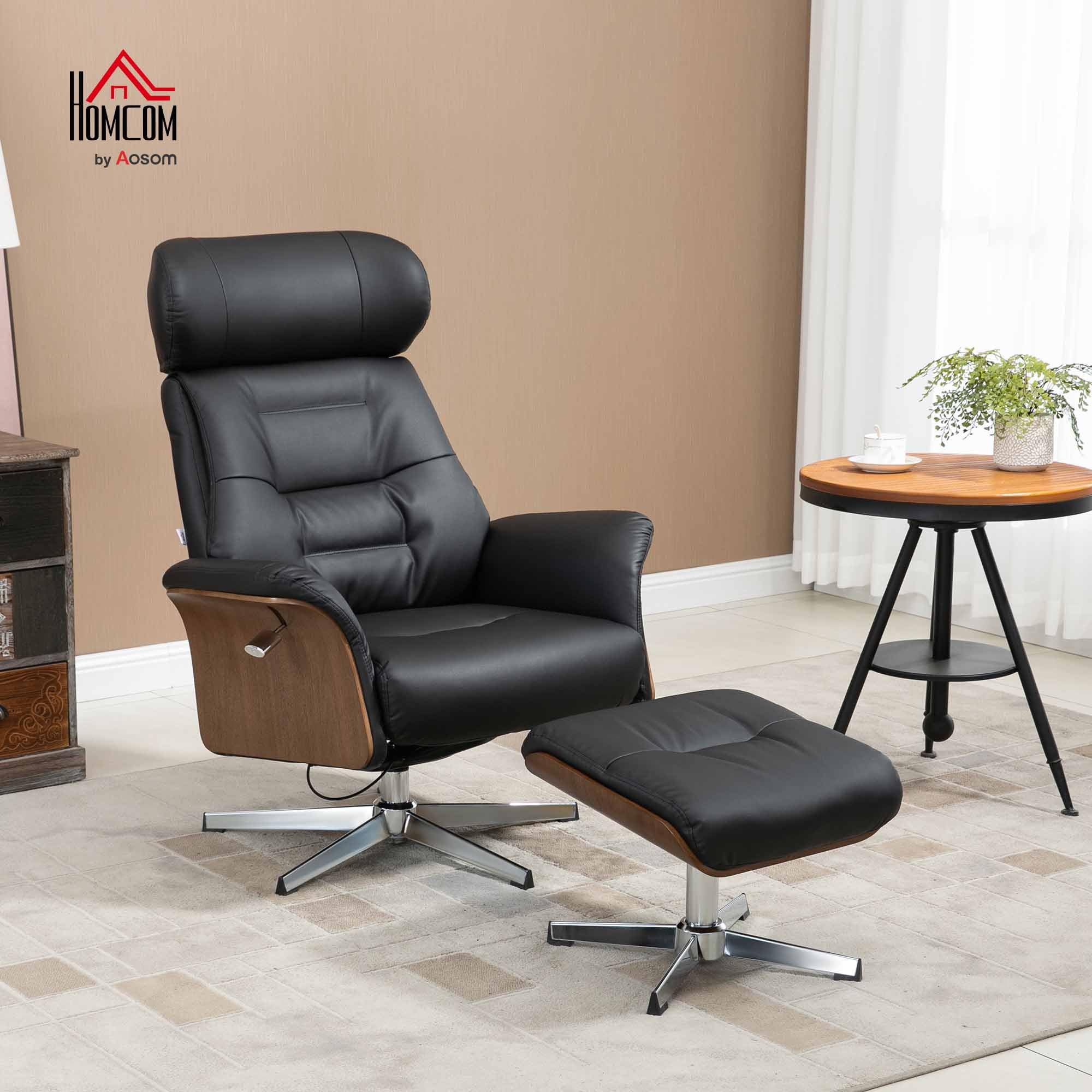 HOMCOM Relaxsessel mit Hocker, Fernsehsessel mit Liegefunktion, verstellbare Kopfstütze, Drehbar, bis 150 kg, Kunstleder, Schwarz