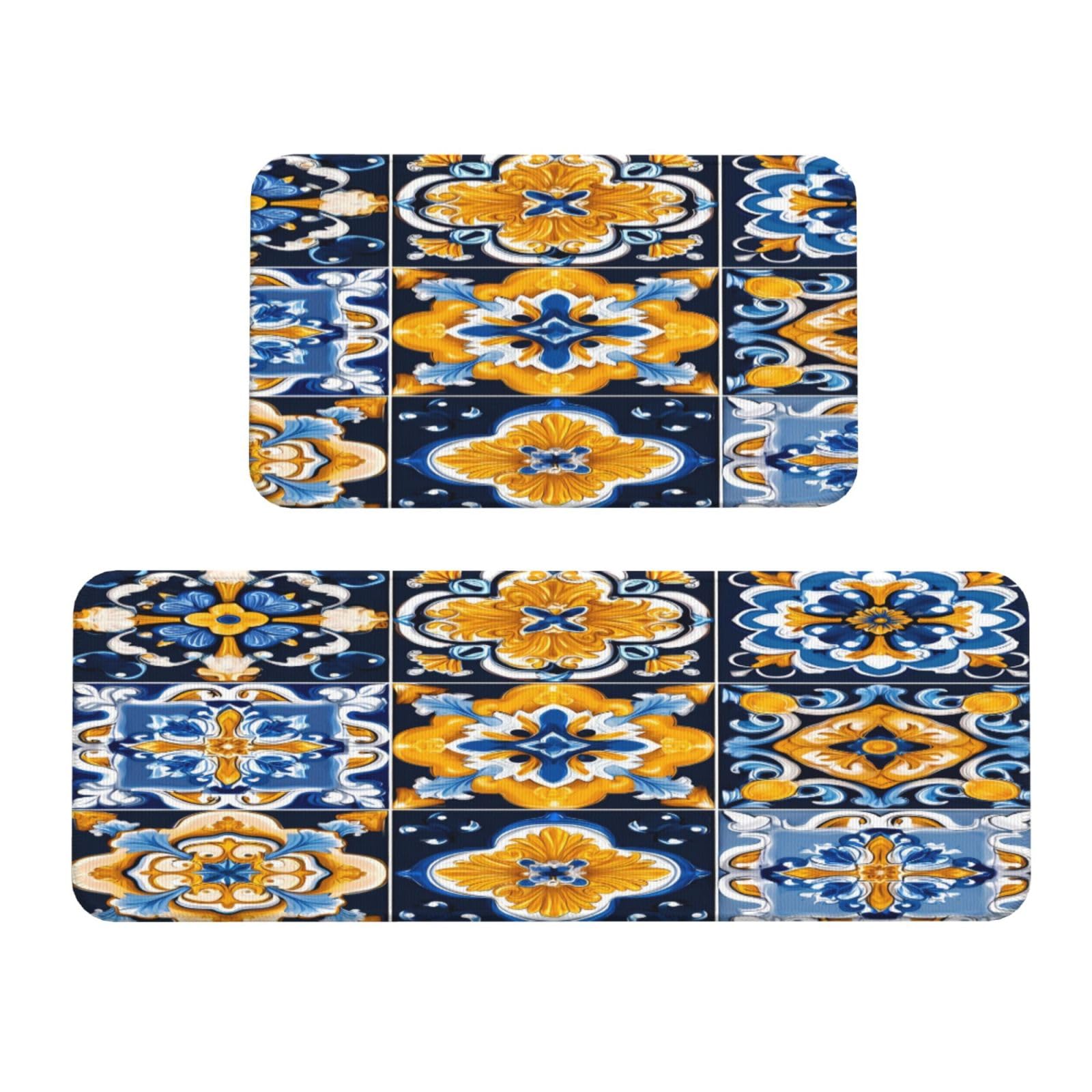 Juego de 2 alfombras de cocina con azulejos españoles de color azul oscuro y amarillo, antideslizantes y absorbentes para dormitorio, baño, oficina