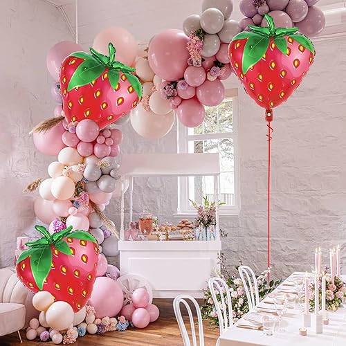 Miniatura 5 de Globos de fresa, 6 globos de frutas dulces para decoraciones de fiesta de cumpleaños, globo de aluminio de fresa para fiesta temática de fresas,