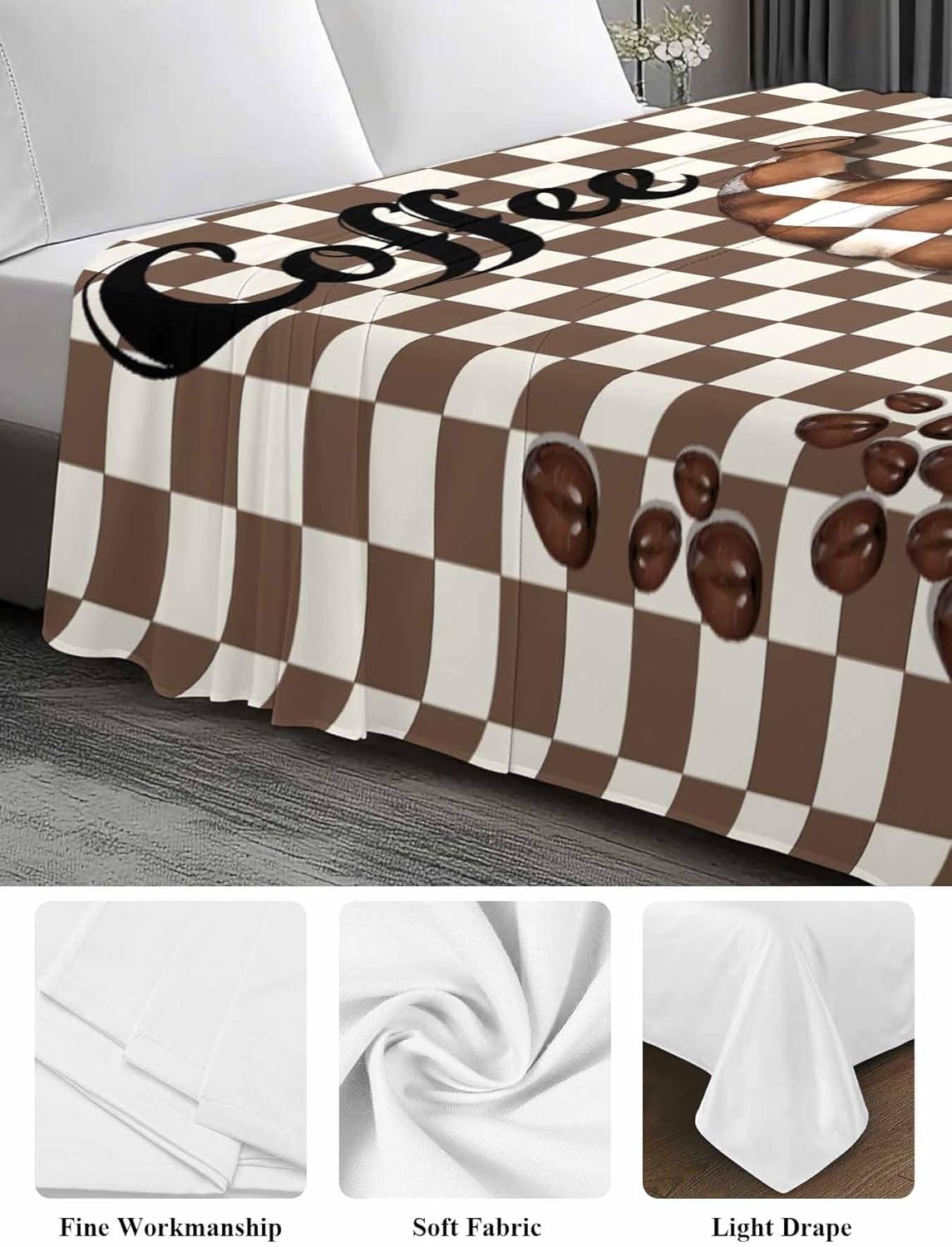 Top Sheet Queen Bedding Flat Sheet Only, Gnome Coffee Beans Microfiber Bed Sheets Soft Breathable Bedding Flat Sheets, Classic Brown Buffalo Plaid Hotel Luxury Top Sheets