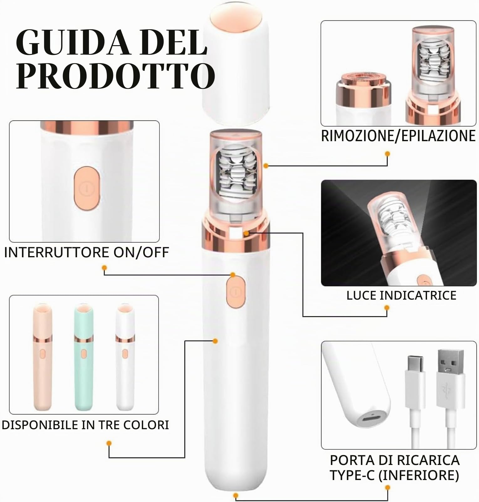 Veliss Epilatore Viso, Mini Strumento Portatile per la Depilazione di Sicurezza, Epilatore Facciale per Donna 2 in 1