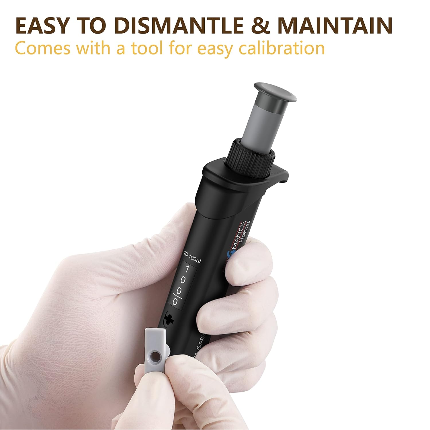 PER4MANCE Pipette - 10~100µL Adjustable Single Channel Pipette, ISO Calibrated Low Plunger-Force Ergonomic Micropipette with Autoclavable Lower and Universal Tip Cone, Ultra-Light Precise Pipettor