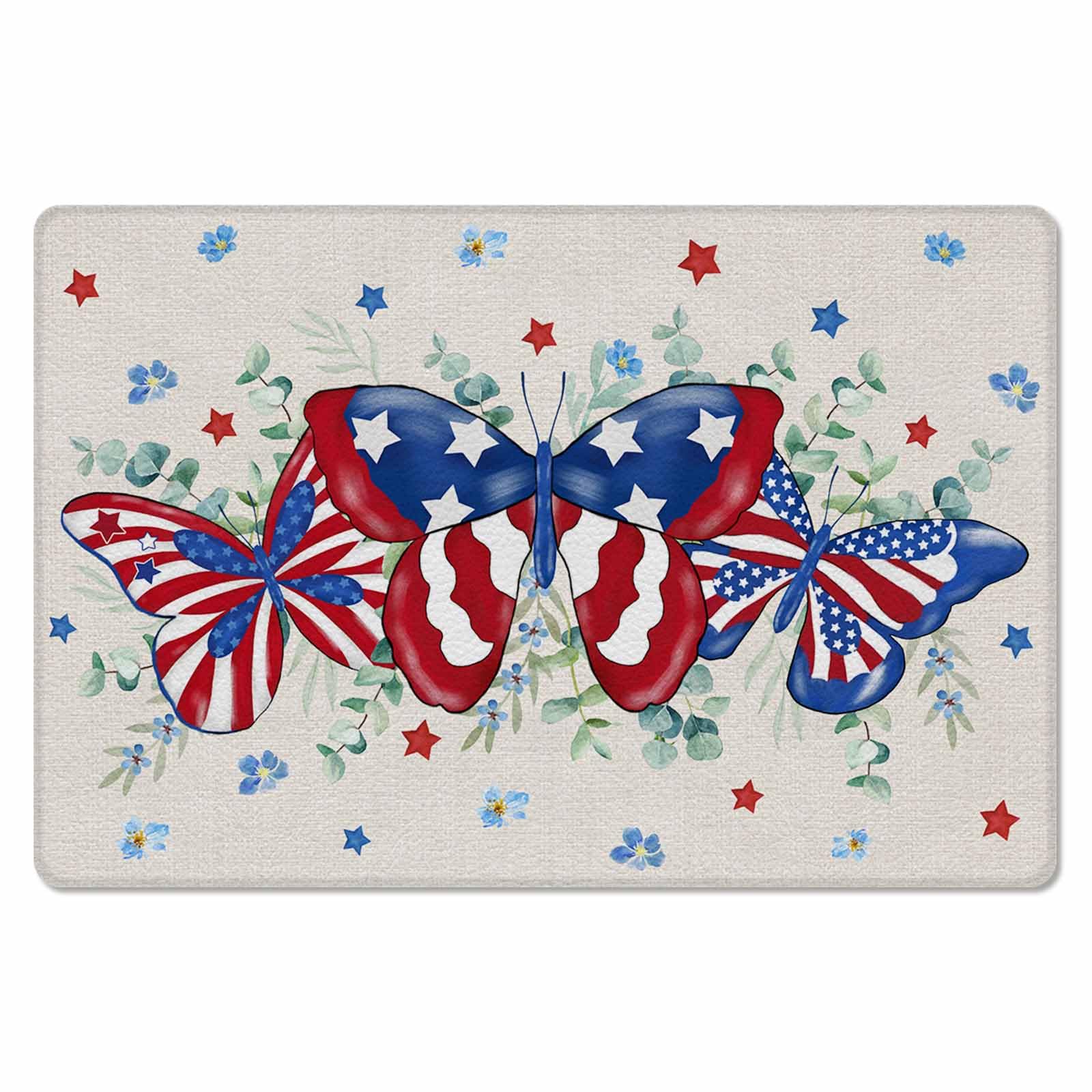 Watercolor Eucalyptus Antifatigue Kitchen Bath Door Mat Cushioned Runner Rug,Washable Welcome Floor Sink Mat,Waterproof & Non-Slip Standing Doormat for Kitchen,Blue Flowers Star Stripes Flag 18