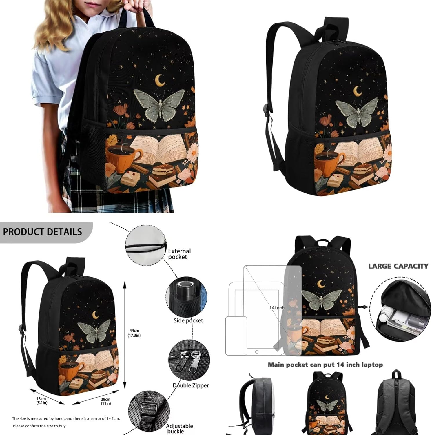 Gomyblomy Moon Butterfly Backpack for Girls 8-10 10-12 Girls School Bag with Lunch Box Lightweight Elementary Middle School Kids Bookbag with Water Bottle Sleeve Pencil Case for Teen Girl Daypack