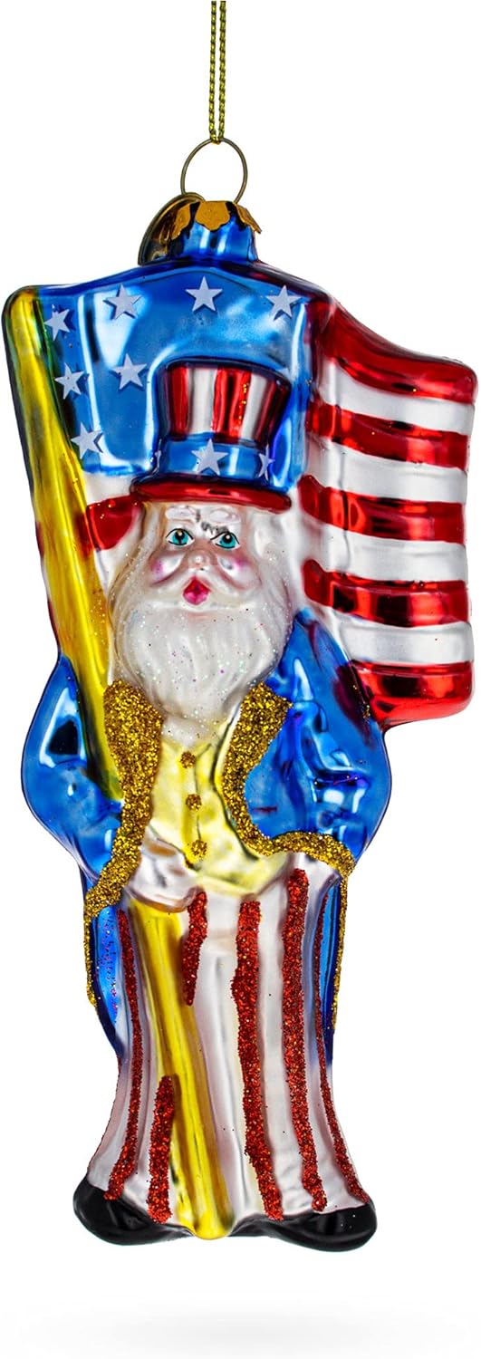 Uncle Sam Santa Holding USA Flag Glass Christmas Ornament