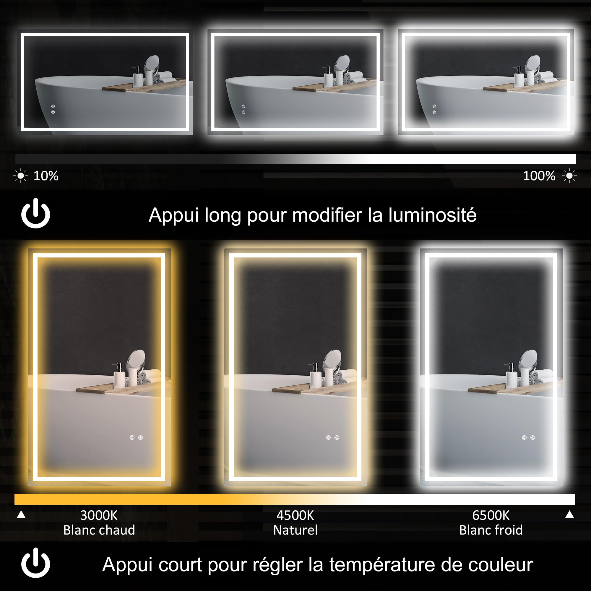 HOMCOM Miroir Salle de Bain éclairage LED 100 x 60 cm Lumineux Mural IP44 | Interrupteur Tactile, Lumière Réglable 3 Couleurs, Anti-Buée, Mémoire