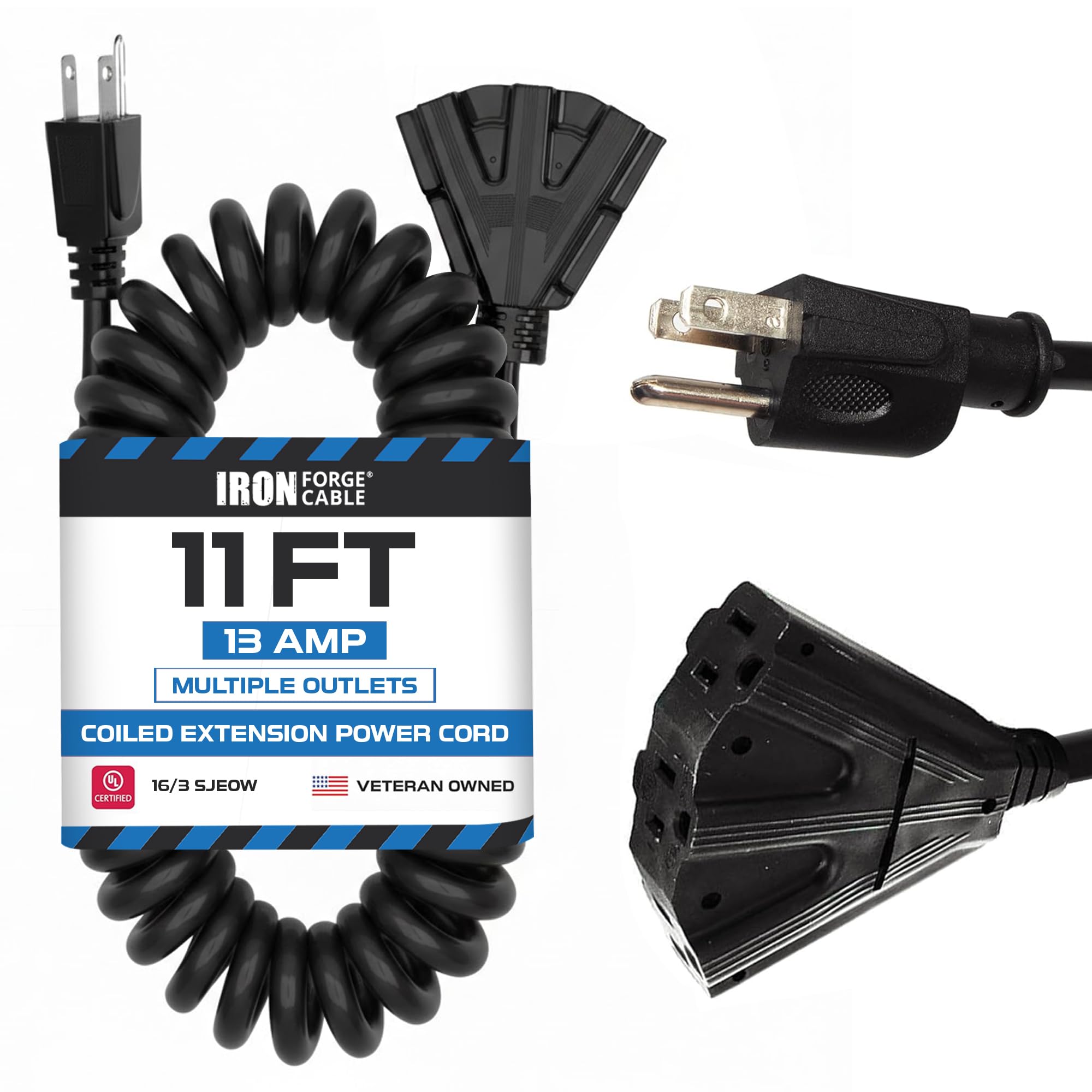 Iron Forge Cable SJEOW 3 Outlet Black Outdoor Coiled Extension Cord 11 ft, 16/3 13 Amp Oil Resistant & Flame Retardant 3 Prong Coiled Wire for Outdoor & Indoor Pigtail