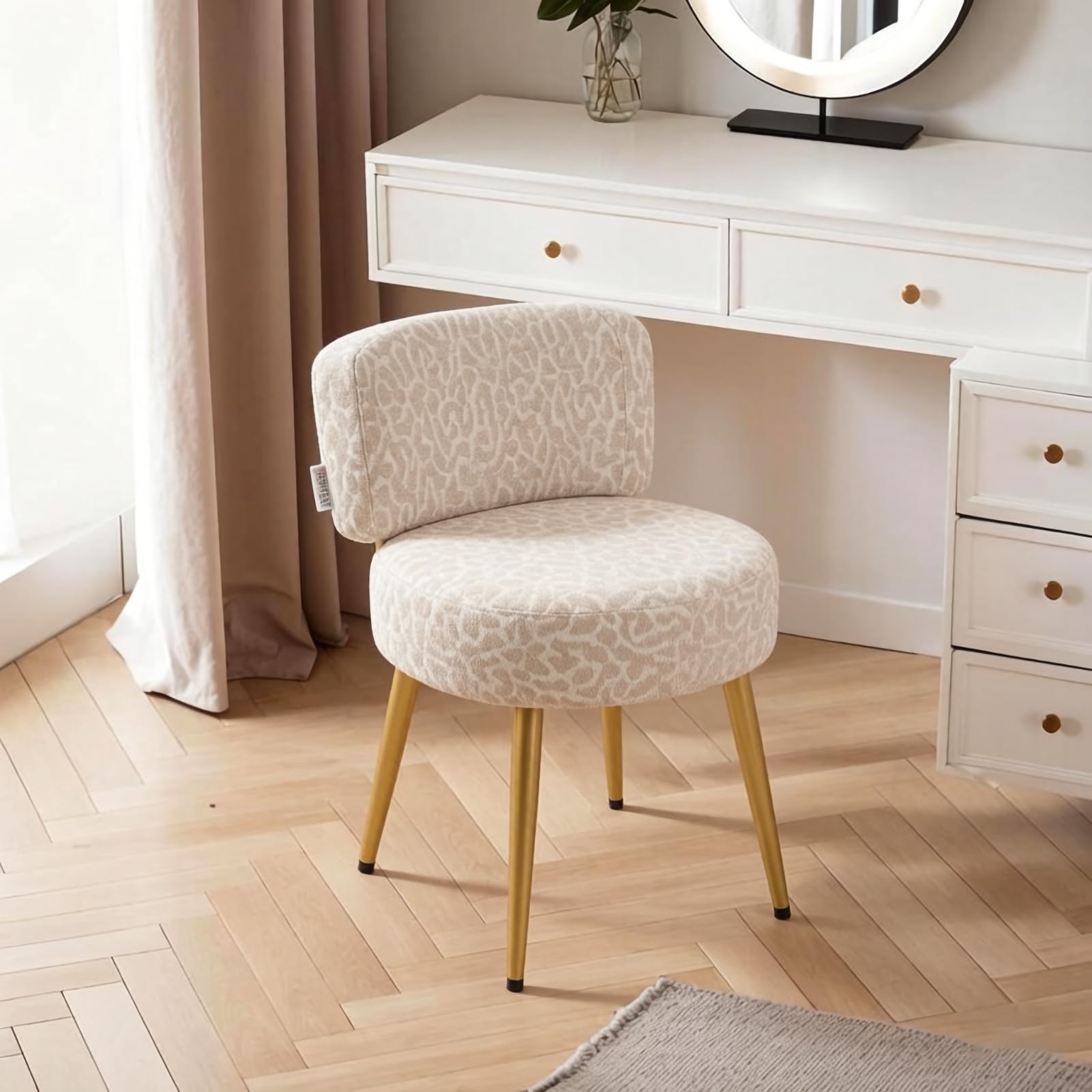 Warmiehomy Dressing Table Chair with Gold Legs and Back, Makeup Vanity Stool Chair for Dressing Table, Bedroom, Living Room, Teddy Velvet, Leopard Print — image 1