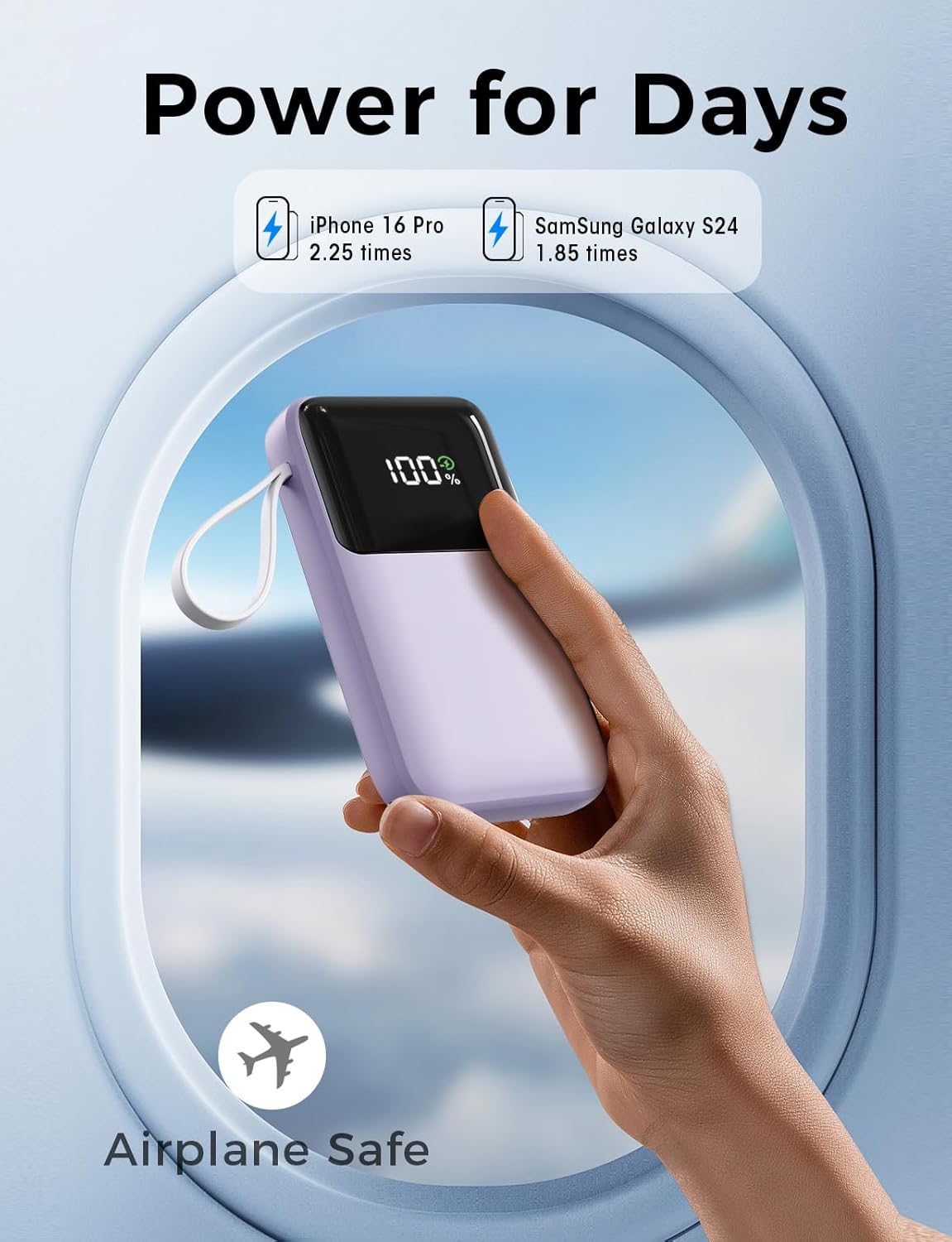 HELLEE N18 Portable Charger being recharged via its built-in USB-A input cable plugged into a wall adapter