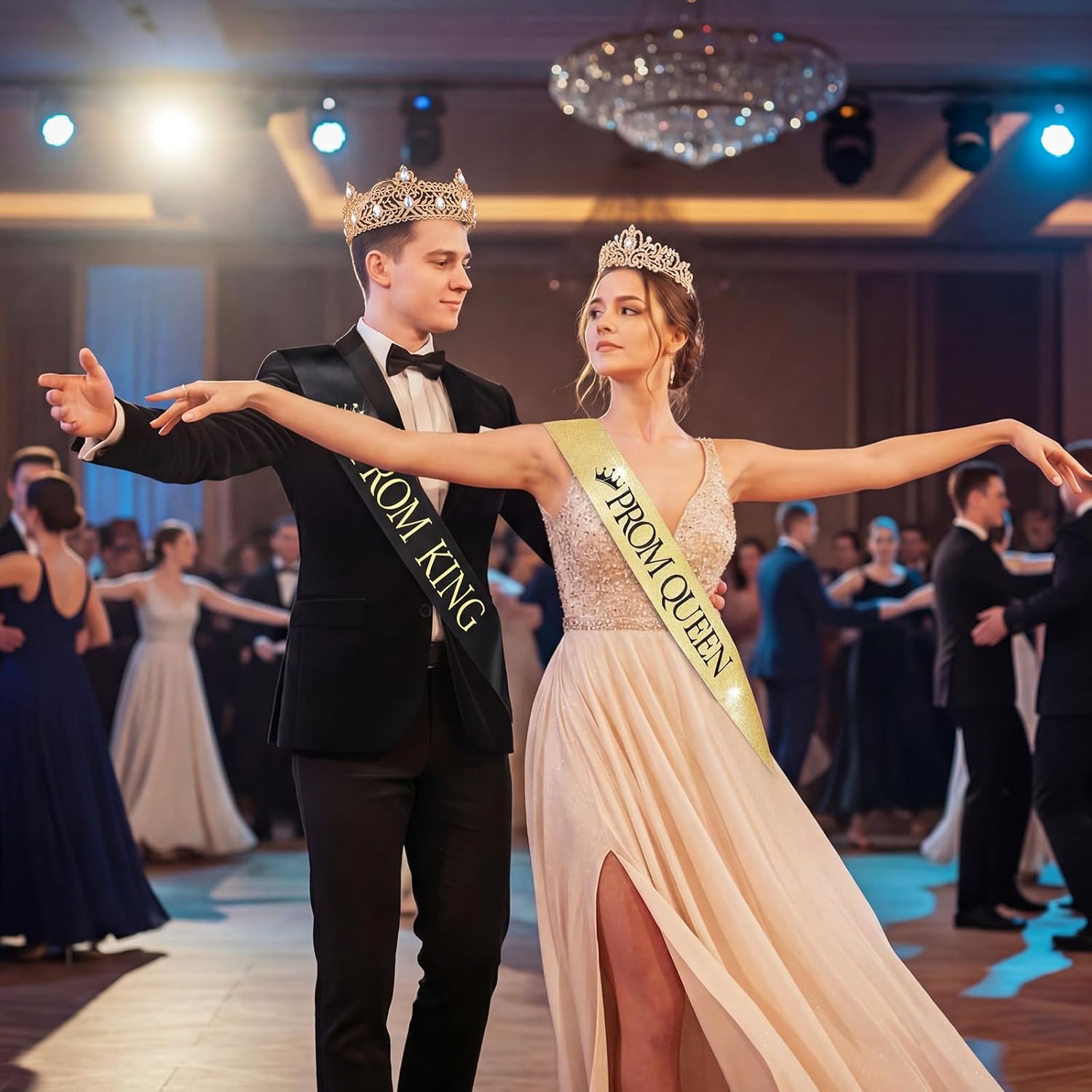 Lyrow 4 Pcs Prom King and Queen Crown Set, Prom King Crown with Sash for Graduation, Queen Tiara with Sash for Grad Couple Accessories Homecoming Birthday Party(Classic,Black,Gold)
