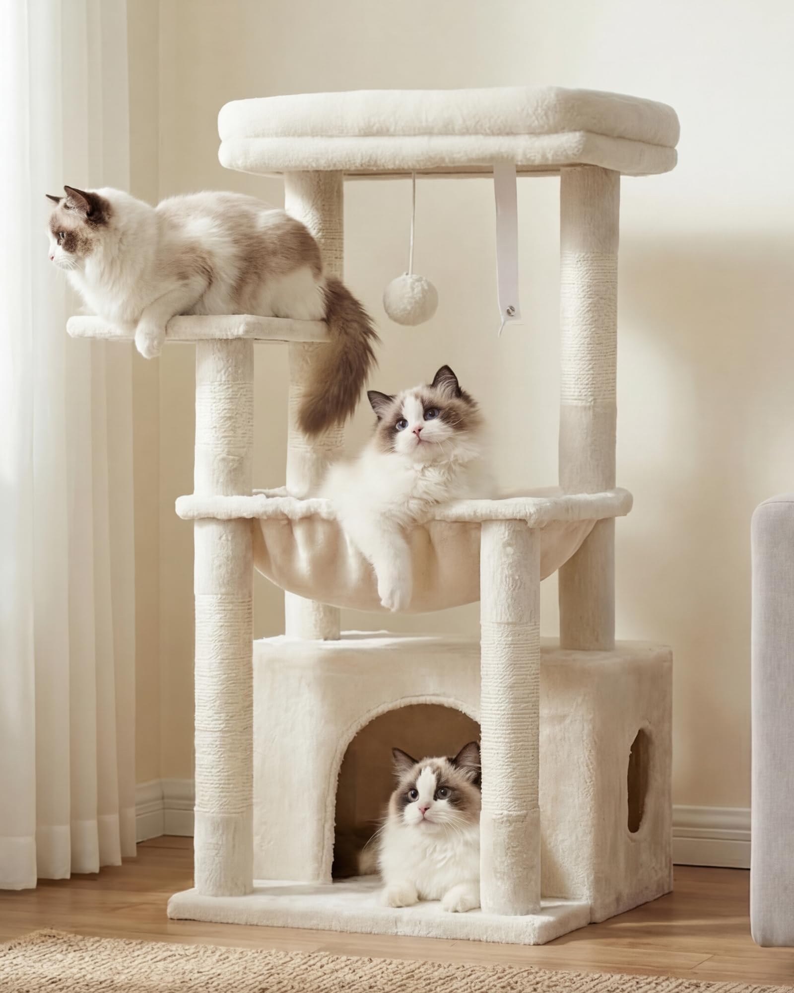 Heybly Cat Tree, 80cm Kitten Tower with Large Soft Basket for Indoor Cats, Cat Scratching Post with Hidden Cave Bed & Dangling Ball, Beige HCT008SM