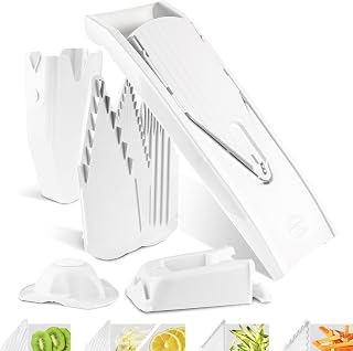 Börner Cortador de Verduras V1 (Set Profesional) • Mandolina en V con 4 Insertos, Protector, Base y Caja de Almacenamiento • Ajustable para cortar en Rodajas, Tiras y Cubos • Color: Blanco