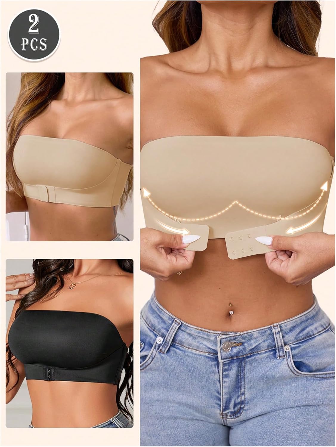 GORGLITTER Women's 2 Piece Strapless Push Up Bra Front Closure No Padding Wireless One Piece Backless Bandeau Bra - Image 2