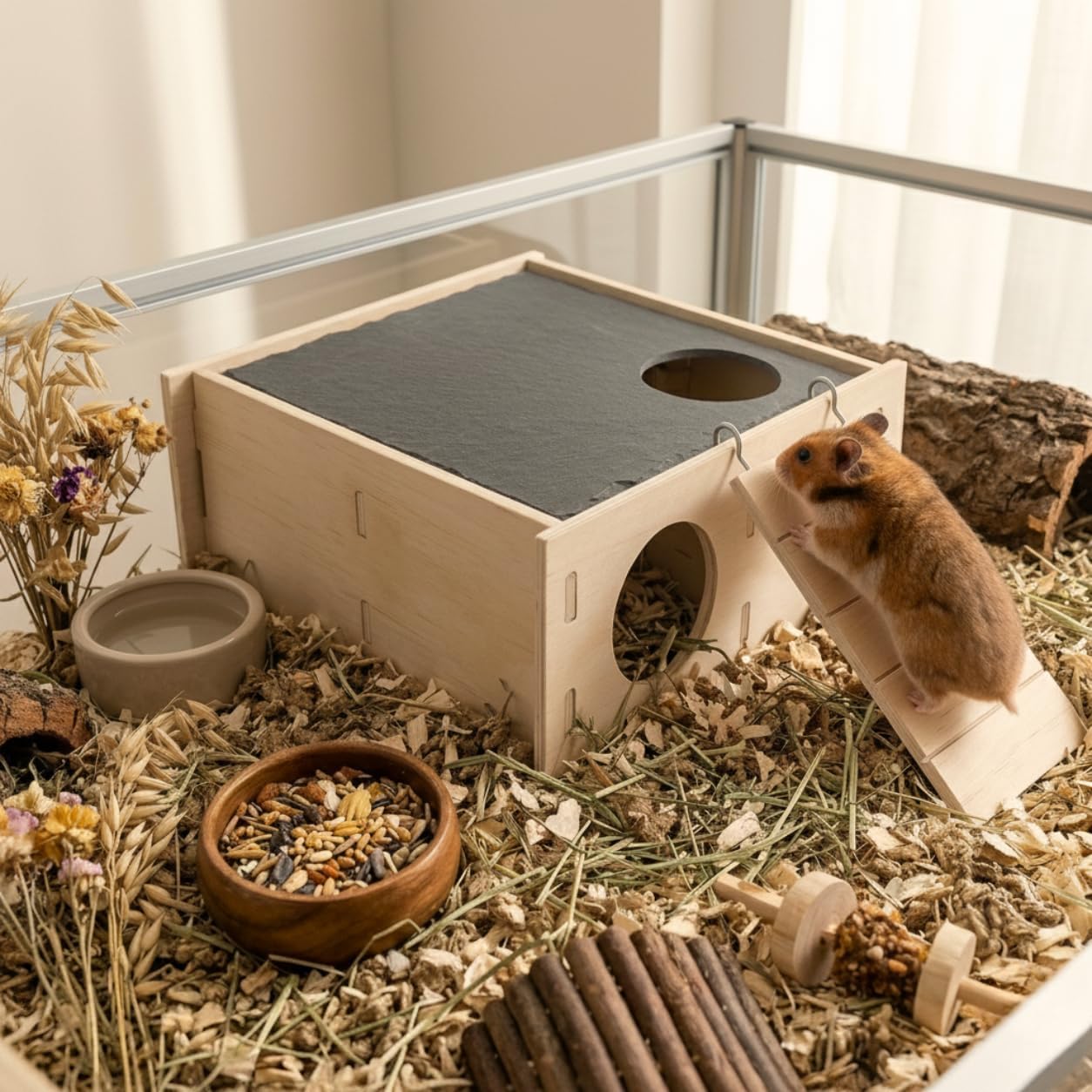 Wooden Hamster Hideout with Slate Rock Cooling Roof, 7.9" Large Hamster House and Hideouts with Climbing Ladder, Tunnel Enrichment Toys, Hamster Cage Accessories for Syrian, Dwarf, Gerbil, Mouse image 2