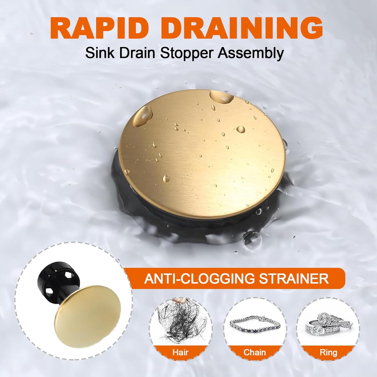 Bathroom Sink Drain with Overflow, Bathroom Sink Stopper for 1.6-1.9 Sink Hole Vanity Vessel Sink, Rapid Draining Plastic Pop Up Drain with Hair Catcher Anti-Clog Strainer, Brushed Gold