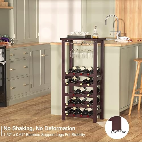 Miniatura 3 de Homykic Estante de vino independiente para piso, estante de vino de bambú para 20 botellas con estante para vasos, pequeño soporte vertical de