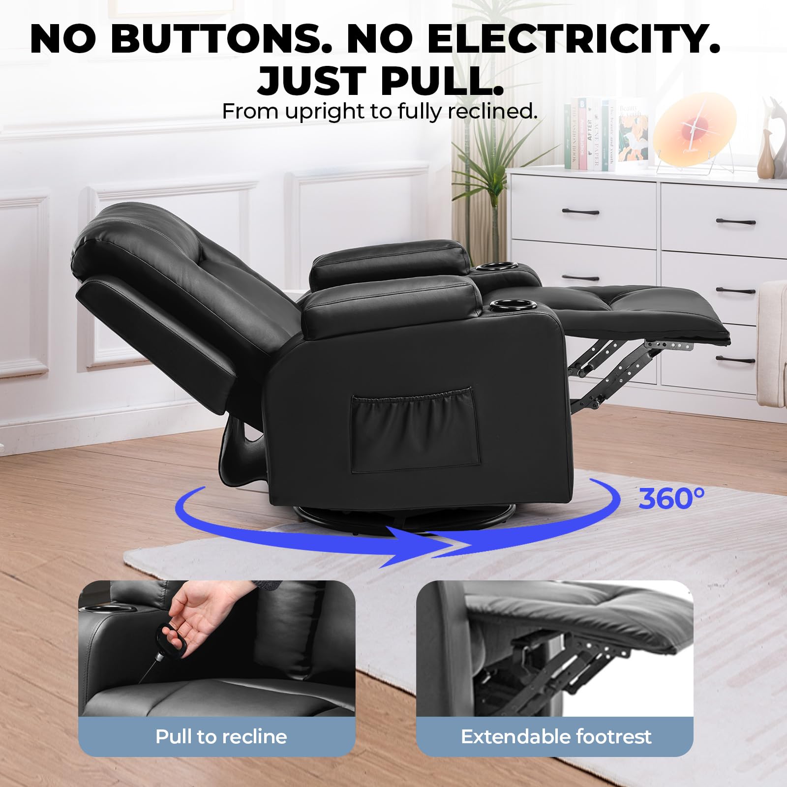 GTPLAYER Sillón de Relax con Respaldo Regulable y Reposapiés, Giratorio 360° en PU, Portavasos y Bolsillos Laterales, Silla Inclinable para TV, Silla de Lectura para Dormitorio, Negro