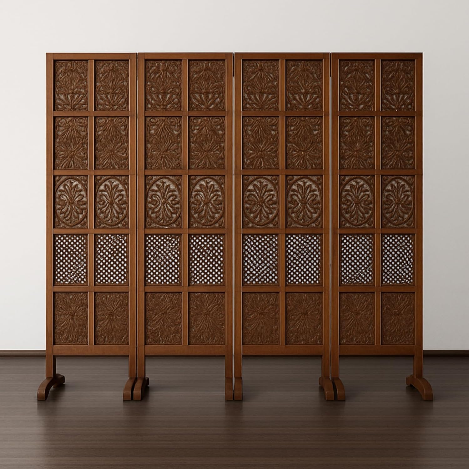 Wooden Room Divider Partition | Folding Privacy Screen with Hand-Carved Floral & Lattice Design, Brown, Floor Stand Base for Living Room & Pooja Room (4-Panels with 5 Bases Stands)-image-29