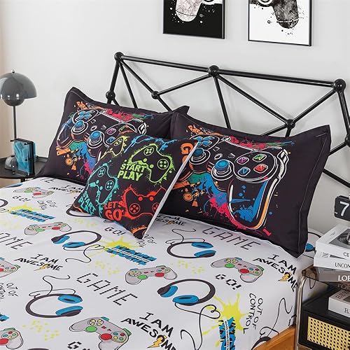 Miniatura 9 de qjmiaofang Juego de ropa de cama matrimonial para niños, juego de ropa de cama de videojuegos de 7 piezas, juego de cama de videojuegos para niños