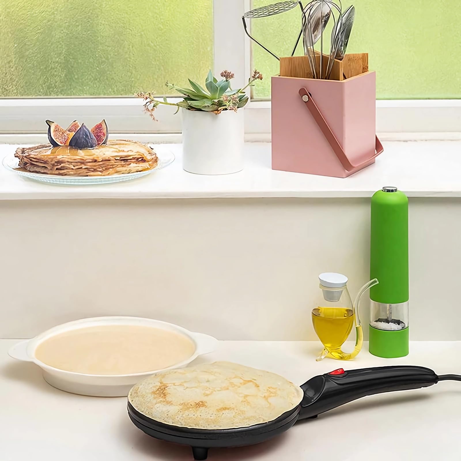Máquina para Hacer Crepes Eléctrica de 800 W, Plancha para Panqueques Redonda de Plástico Máquina para Hacer Tortillas Eléctrica Portátil Multifuncional para Cocina Casera