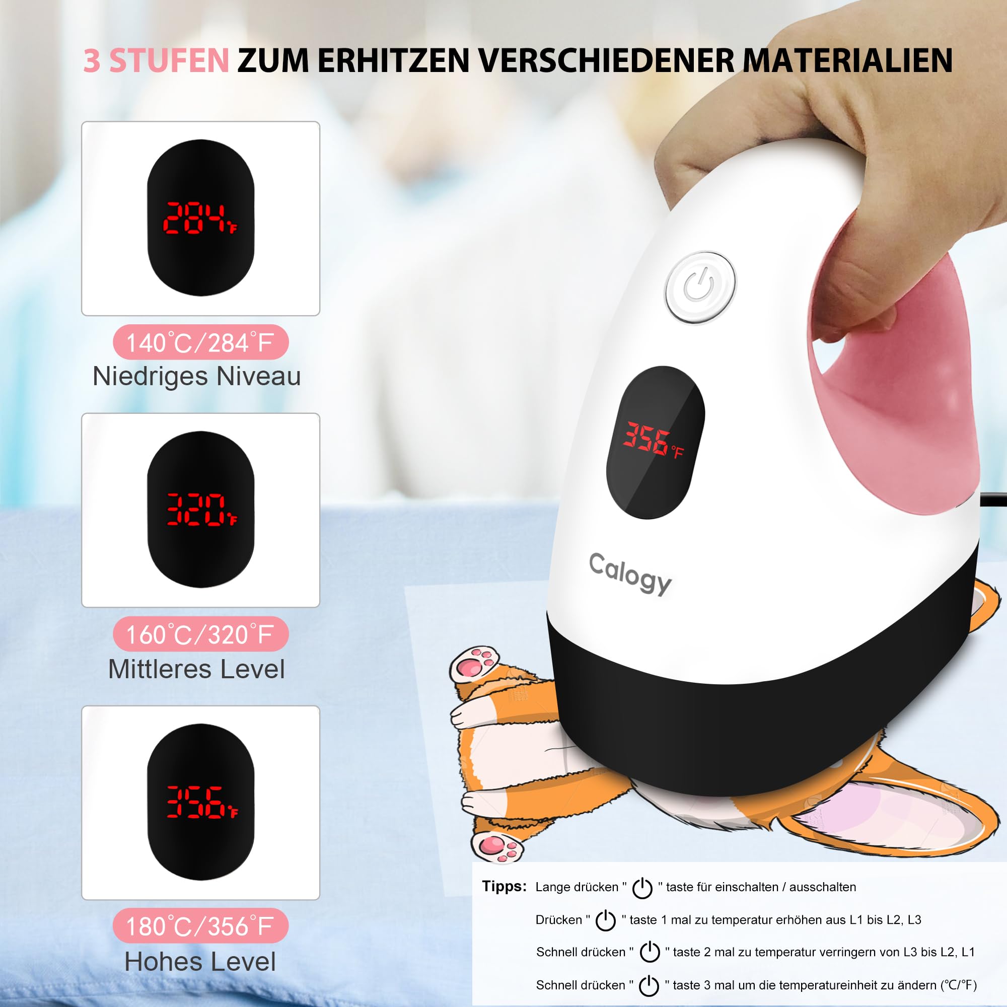 Calogy Transferpresse Mini Hitzepresse, Kleine Heißpresse mit 3 Heizstufen, Tragbare Mini Heat Press Temperaturanzeige für T-Shirts, Schuhe, Hüte, HTV-Vinyl (Weiß Rosa)