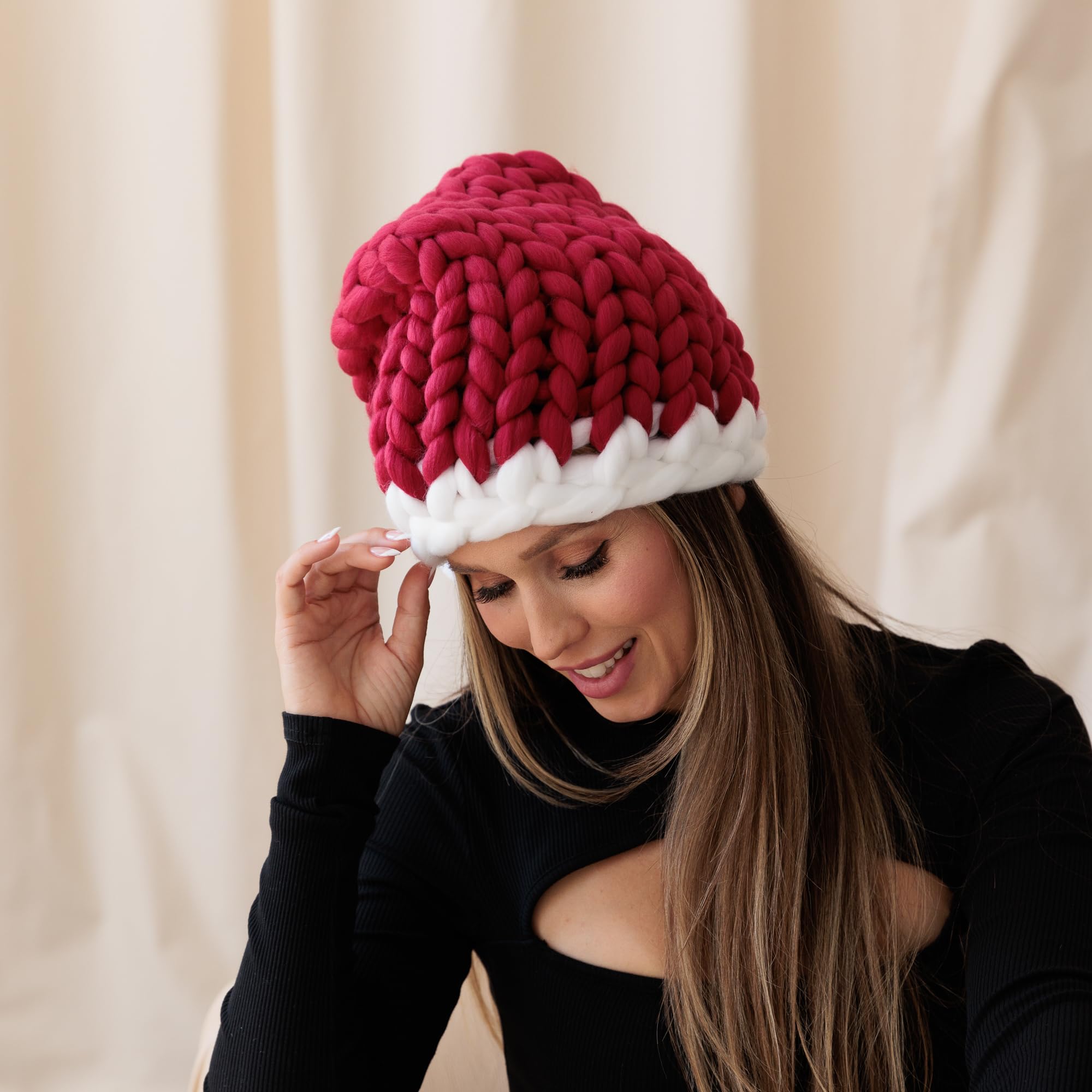 Pinup - Gorro de Papá Noel grueso y único tejido a mano, gorro rojo festivo para fiestas de Navidad, sombrero de Navidad holgado para mujer