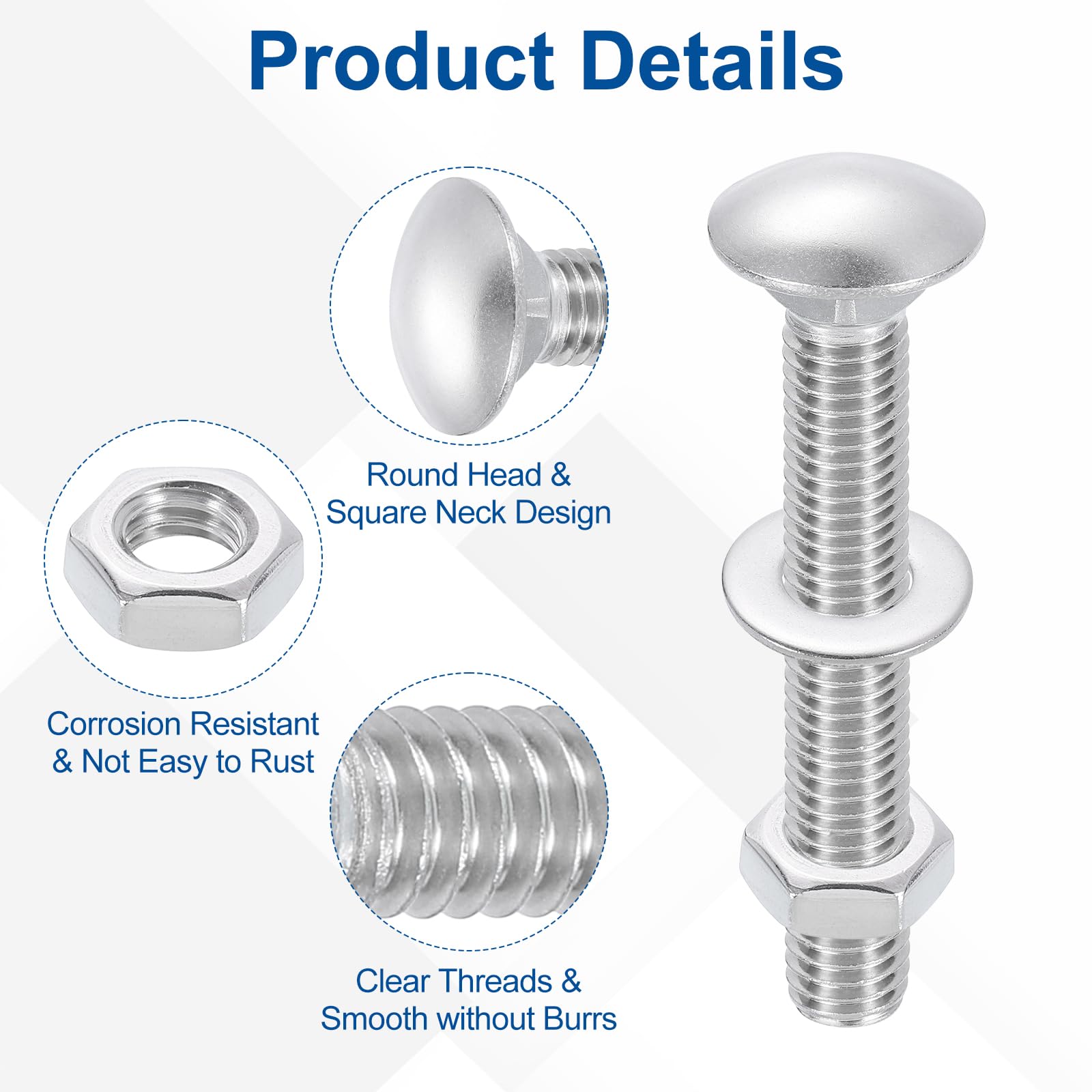 QUARKZMAN 10 Set Kit Bulloni E Dadi A Testa Tonda 1/2"-13x3" Argento